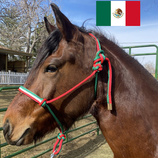 Mexico Flag Colors - Green, White & Red Rope Halter for Horses | Original Handmade Design